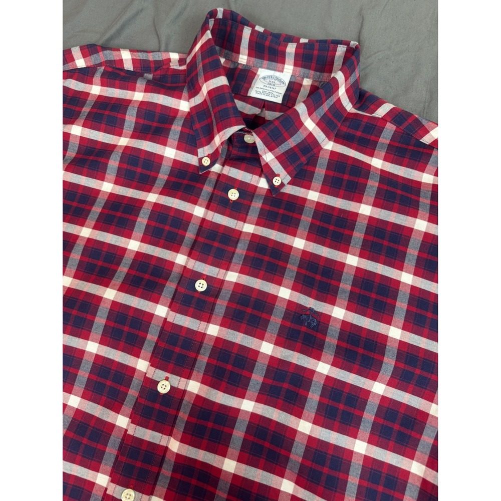 Brooks Brothers Regent Fit Mens XXL Red Navy Blue Plaid Short Sleeve Shirt